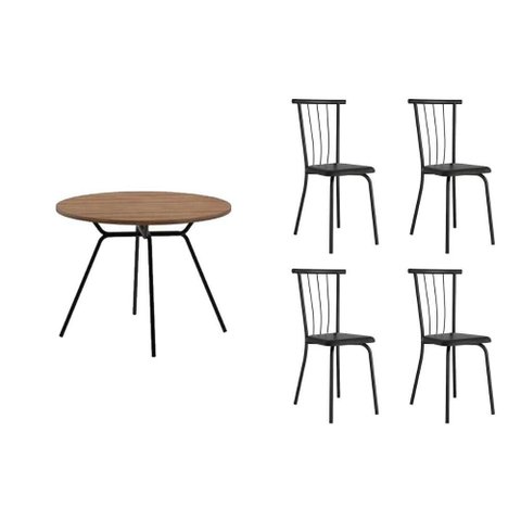 Conjunto: Mesa Sala Jantar 1588 Aço 100cm + 4 Cadeiras 154 Preto/Freijo - Corano Preto - Carraro