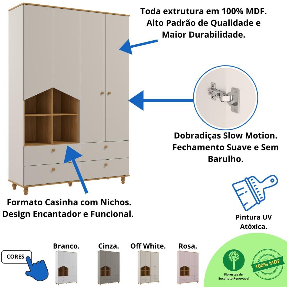 Quarto Bebê Completo Berço Americano 3 em 1 Guarda Roupas 4 Portas 100% Mdf - 6