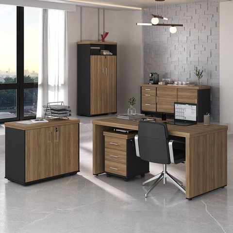 Conjunto Mesa Escritório Tamburato com Balcão, Gaveteiro, Balcão com Gavetas e Armário com Nicho Nogal e Preto Marrom Artany