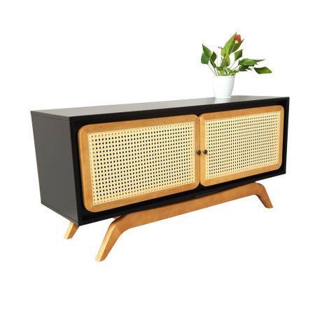 Rack Sala Tv até 50 Polegadas Ricco 113 Cm Laca Portas Palhinha Preto