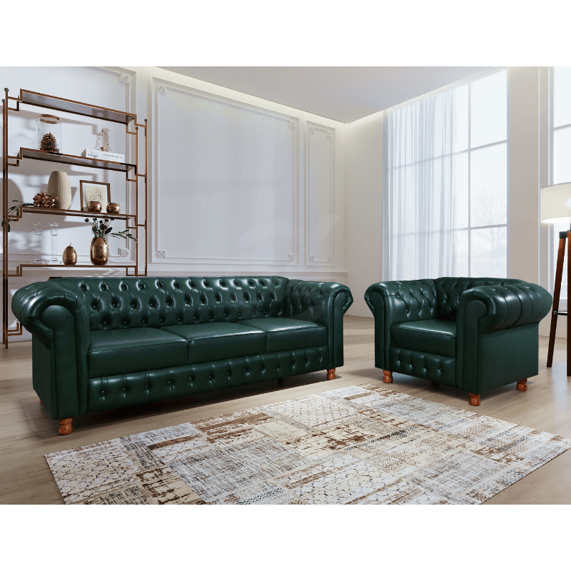 Conjunto Sofá e Poltrona Chesterfield Bourbon Via Encanto Courano Verde - 2