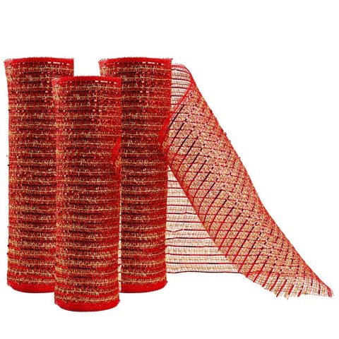 Kit 3 Telas Decorativa Fita Natal Malha Tule Listras Vermelho e Dourado 26cm x 5 Metros – Magizi
