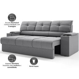 Sofá com Porta Copos Retrátil e Reclinável Tom 2,05m Velosuede - Netsofas - Cinza - 3