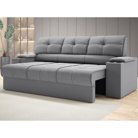 Sofá com Porta Copos Retrátil e Reclinável Tom 2,05m Velosuede - Netsofas - Cinza