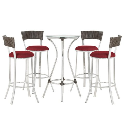 Jogo de Mesa Bistrô com Tampo de Vidro Redondo 4 Banquetas em Alumínio e Fibra Sintética Argila
