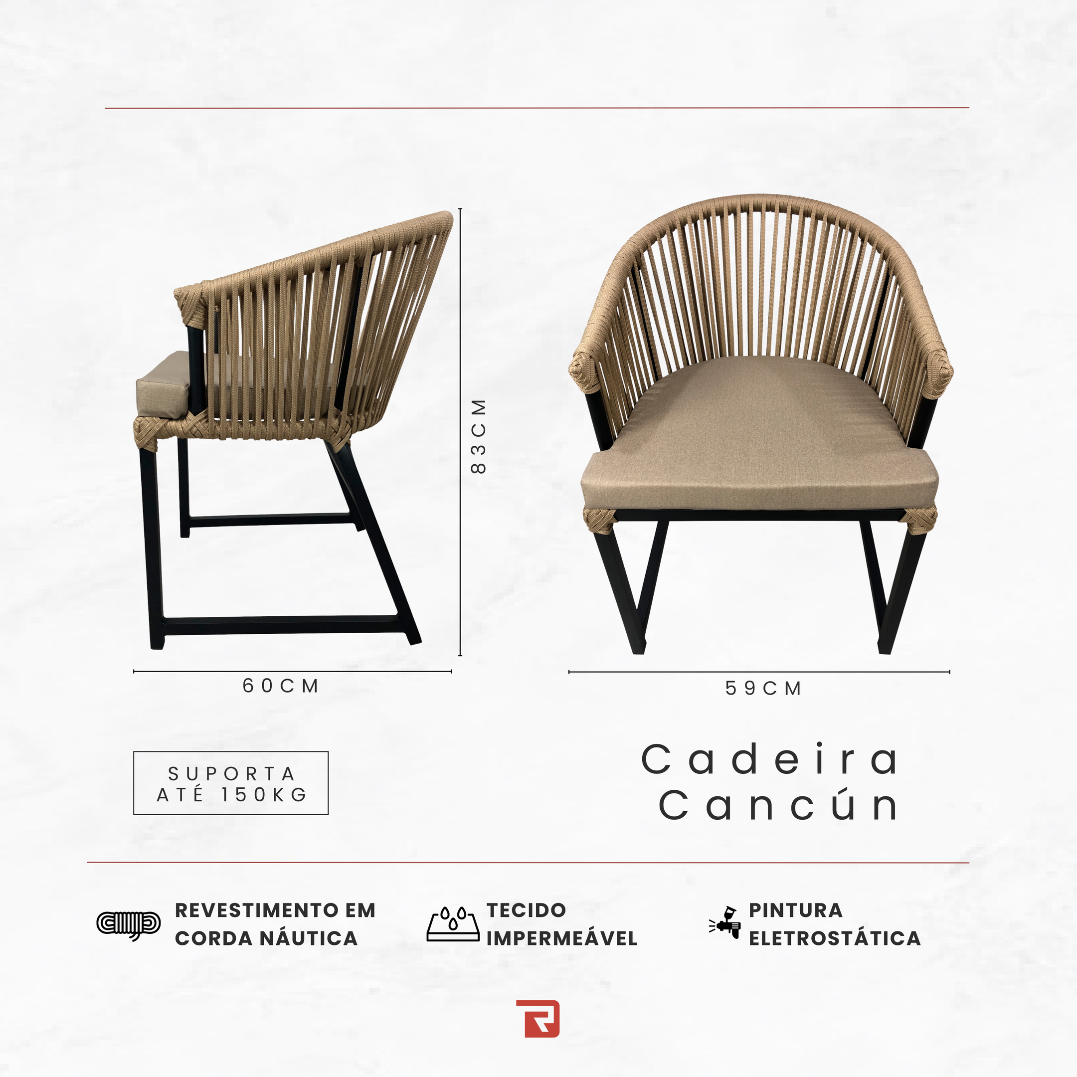 Cadeira Cancún - Alumínio Pintado Preto, Corda Náutica Jardim Varanda Área Externa - Rami - 6