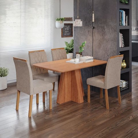 Sala de Jantar 4 Lugares 130 cm Artemísia Cadeiras Madeira Maciça Cinamomo/Linho Bege - Panorama Móv