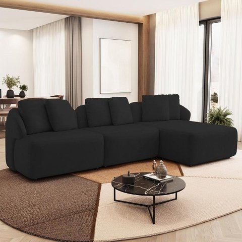 Sofá 4 Lugares com Chaise Direito Sala Living 288cm Arlo F04 Veludo Preto - Lyam Decor