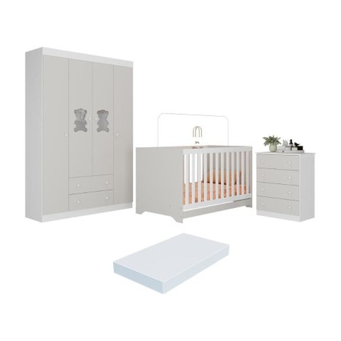 Quarto de Bebê Completo com Berço Americano 3 em 1 Colchão Teddy Multimóveis Mp4664 Branco/off