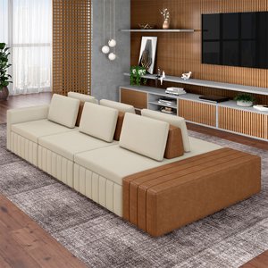 Sofá Ilha com Encosto e Almofadas Móveis Olimpo 335cm Modulado Linho/pu Bege/caramelo G45 - Gran Bel