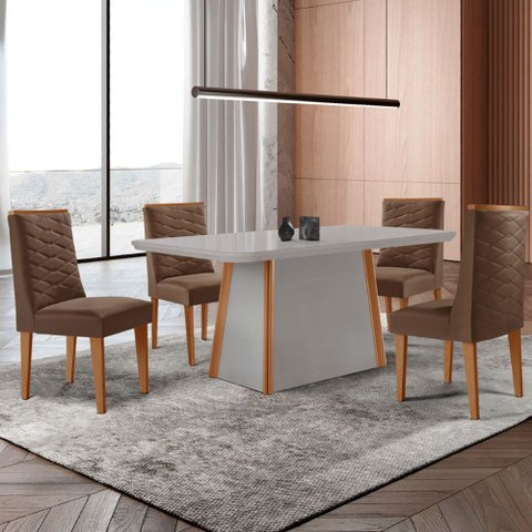 Mesa de Jantar Diane 120cm Tampo Mdf Vidro com 4 Cadeiras Safira Moderna Mobília
