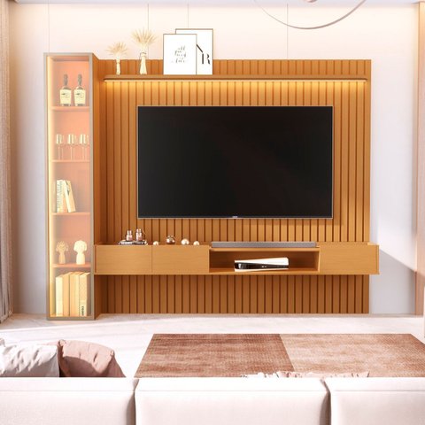 Painel para TV até 84 Polegadas Ripado LED com Vidro Reflecta Cristaleira 100% MDF 219CMX269CM Vitoria Regia Yescasa Nature