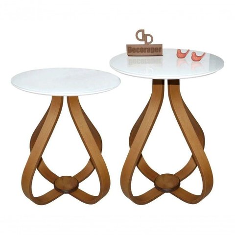 Kit Mesa de Canto Cebola 50cm Redonda MDF Laqueado com Vidro Branco