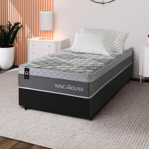 Conjunto Cama Box c/ Molas Ensacadas Sheffield Cinza Solteiro 88x188x65