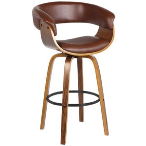Banqueta Giratória Alta com Encosto Base Madeira Ravi R02 PU Marrom - Mpozenato
