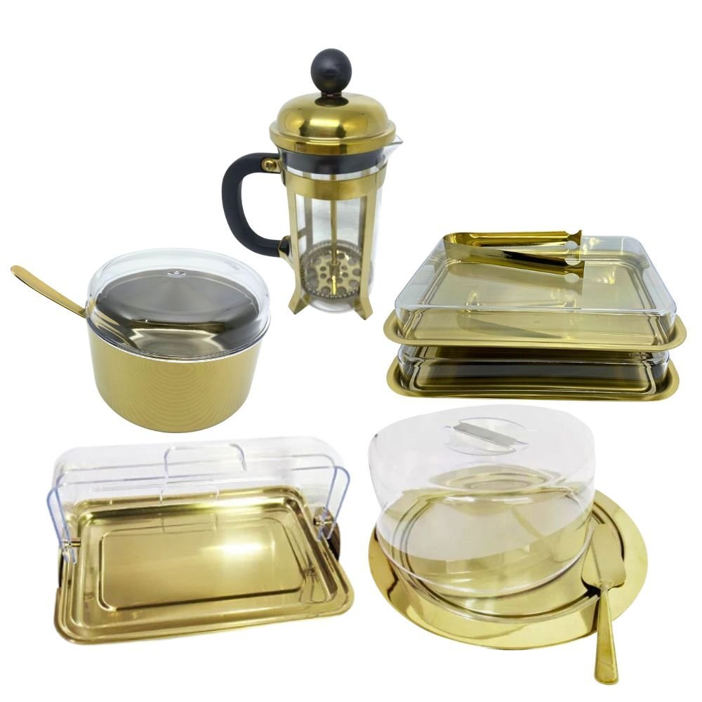 Kit Café da Manhã 5 Peças Porta Frio + Porta Pão + Porta Bolo + Açucareiro + Cafeteira Dourado Finez - 1