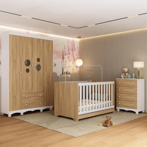 Quarto de Bebê Completo com Berço Americano 3 em 1 Suspiro Multimóveis Mp4620 Branco/madeirado
