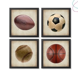 Kit com 4 Quadros Decorativos - Esporte Bolas Vintage:Preta