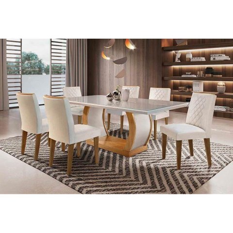 Sala de Jantar Completa Jade Tampo Madeirado C/ Vidro Reto 180x90 e 6 Cadeiras Jade Imbuia - Veludo
