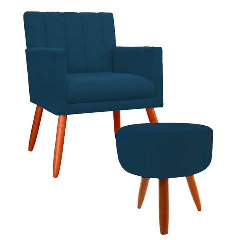 Poltrona Decorativa Miami Luxo com Puff Suede Azul Marinho