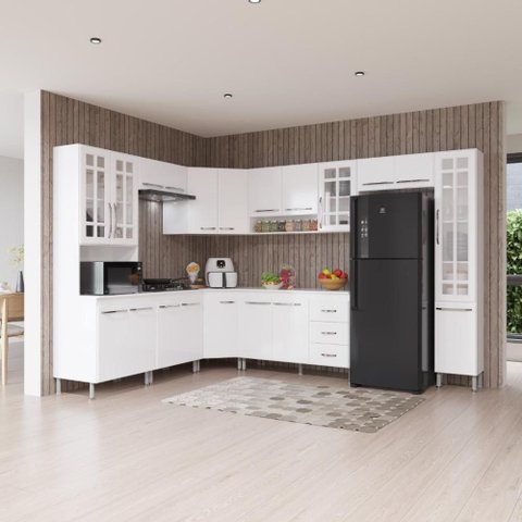 Armário de Cozinha Modulada Completa de Canto Viena 20 Portas 3 Prateleiras MDP 515cm Branco