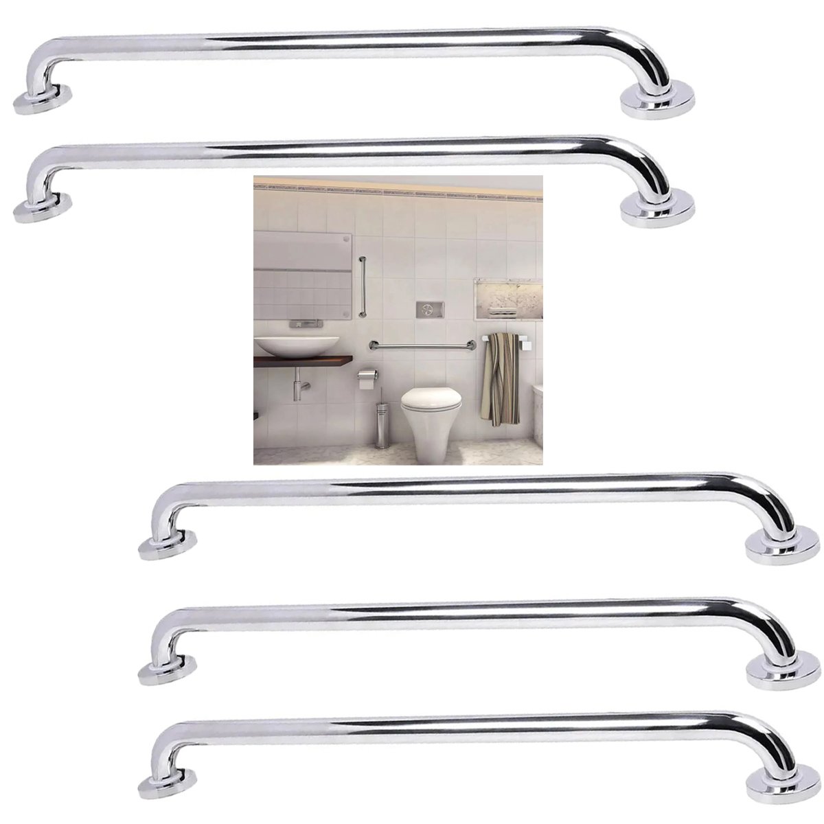 Alça Apoio 60cm Inox Barra Suporte Anti Queda Kit 5 Uni Idoso Criança Cadeirante Pcd Banheiro Escada