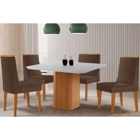 Conjunto: Mesa de Cozinha Maldivas Tampo c/ Vidro Curvo 90cm+4 Cadeiras Dakota Madeira Naturale/Off