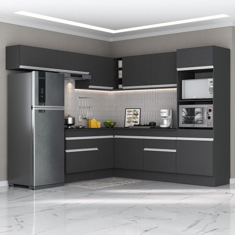 Armário de Cozinha Completa de Canto com Rodapé Veneza Multimóveis MP2105.898 Preto/Branco