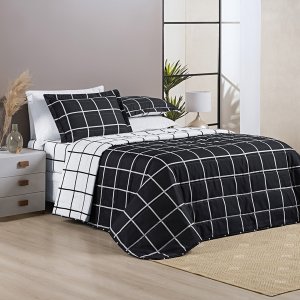Colcha Cobre Leito Casal Padrão 3 Peças Geométrico 200 Fios Feminina Masculino Box Estampada Preto