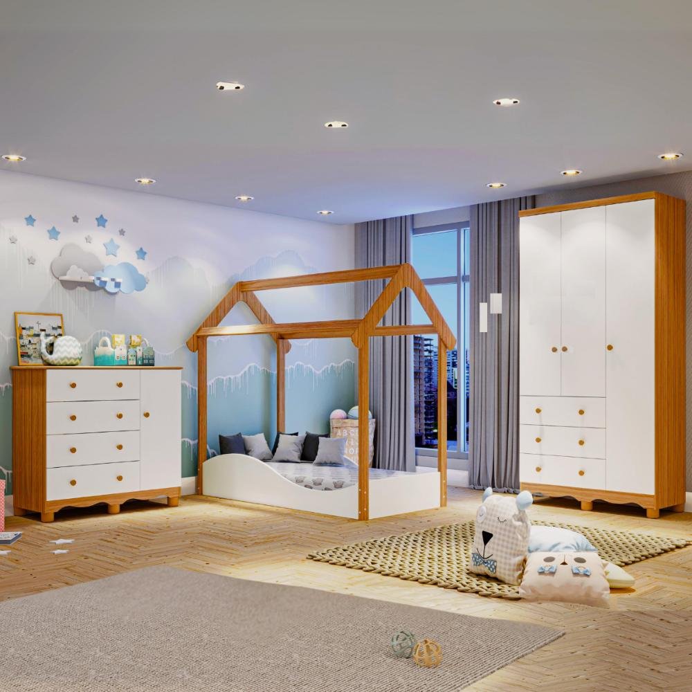 Quarto Infantil Completo Mini Cama Montessoriana Uli Guarda Roupas 3 Portas Cômoda Junior 100% Mdf