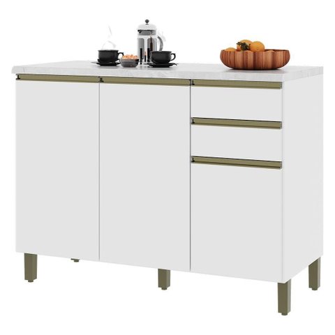 Balcão de Cozinha Dinamarca 120cm 3 Portas e 2 Gavetas Branco com Tampo Mdp - Indékes