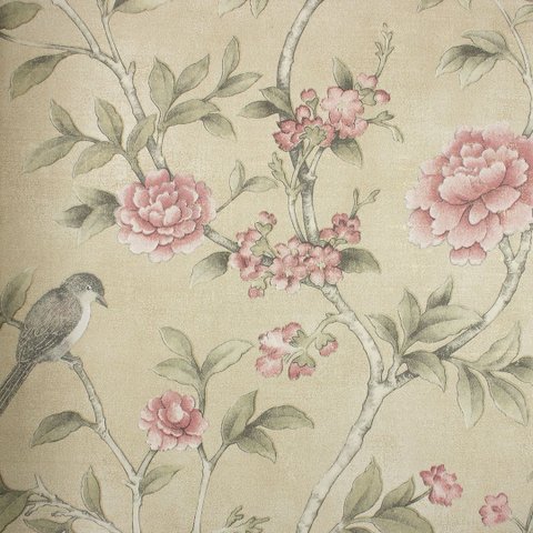 Papel de Parede Floral com Pássaros Bege e Rosa Vinilico Lavável+ Cola Inclusa