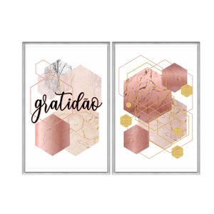 Kit 2 Quadros Decorativos 40x60cm Vidro Geometrico Abstrato Rose Dourado Gratidao Frs007