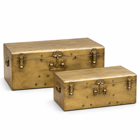 Jogo de 2 Baús Decorativos de Metal Dourado Envelhecido 67 cm e 56 cm