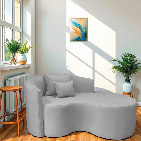Recamier Curvo Orgânico 150cm 2 Lugares Lado Direito para Sala de Estar Linho Londres Cinza Claro