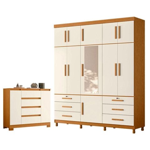 Guarda Roupa Casal Triton Plus 11 Portas de Bater com Espelho e Cômoda 4 Gavetas MDP Cinamomo Off