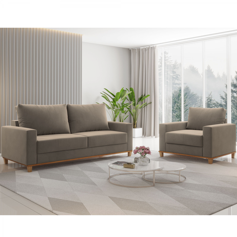 Conjunto Estofado Living + 1 Poltrona Napoles Perola - Casa Giulia