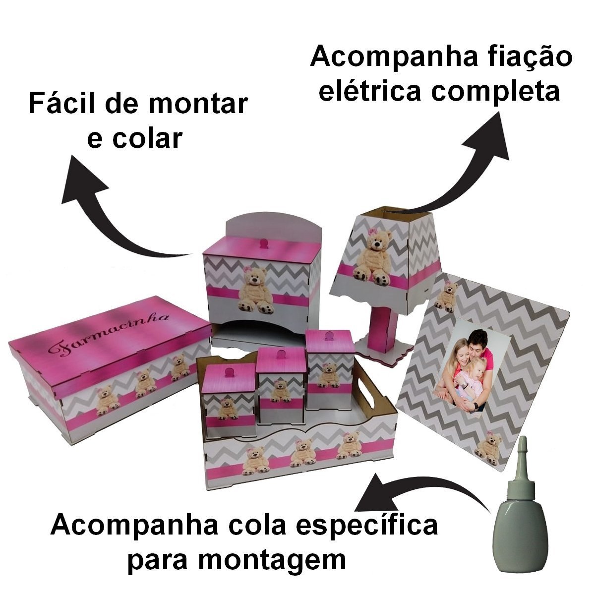 Kit Higiene Bebe Urso Rosa Decoração Com Trio De Quadrinhos - 3