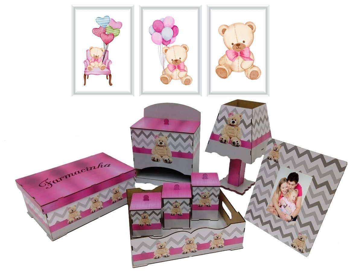 Kit Higiene Bebe Urso Rosa Decoração Com Trio De Quadrinhos