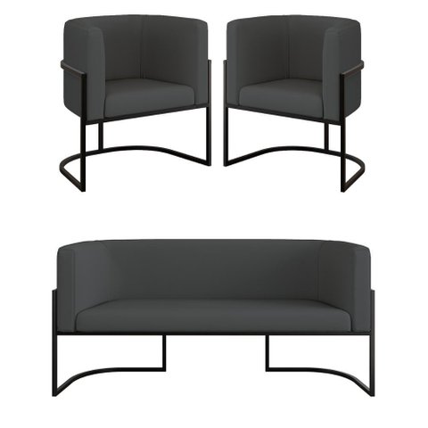 Kit Sofá 2 Lugares + 2 Poltronas Corino Preto Cinza