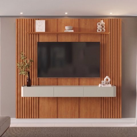 Painel com Rack para TV até 75 Polegadas 3 Gavetas 234CMX250CM Ripado 100% MDF Apolo