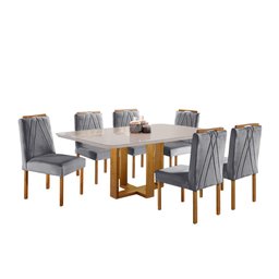 Conjunto Sala de Jantar Mesa Lisy Madeira Maciça e 6 Cadeiras Safira Veludo Cinza Profundo Móveis Mu - 1
