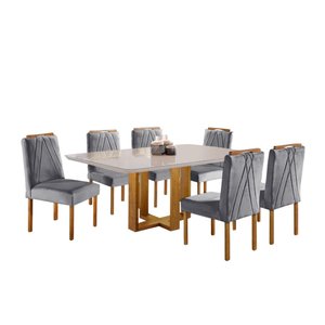 Conjunto Sala de Jantar Mesa Lisy Madeira Maciça e 6 Cadeiras Safira Veludo Cinza Profundo Móveis Mu