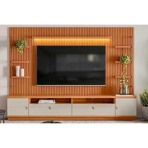 Estante P- Sala até 75 Pol Ouro Preto Ripado C- 2gav. 2ptas. 4prat. e Leds 224x198cm Nature-off