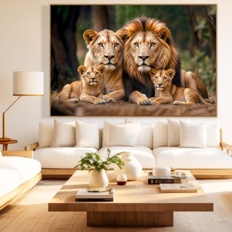 Quadro Decorativo Retrato Família Leão Leoa com Dois Filhotes Sala Quarto Casa Escritório