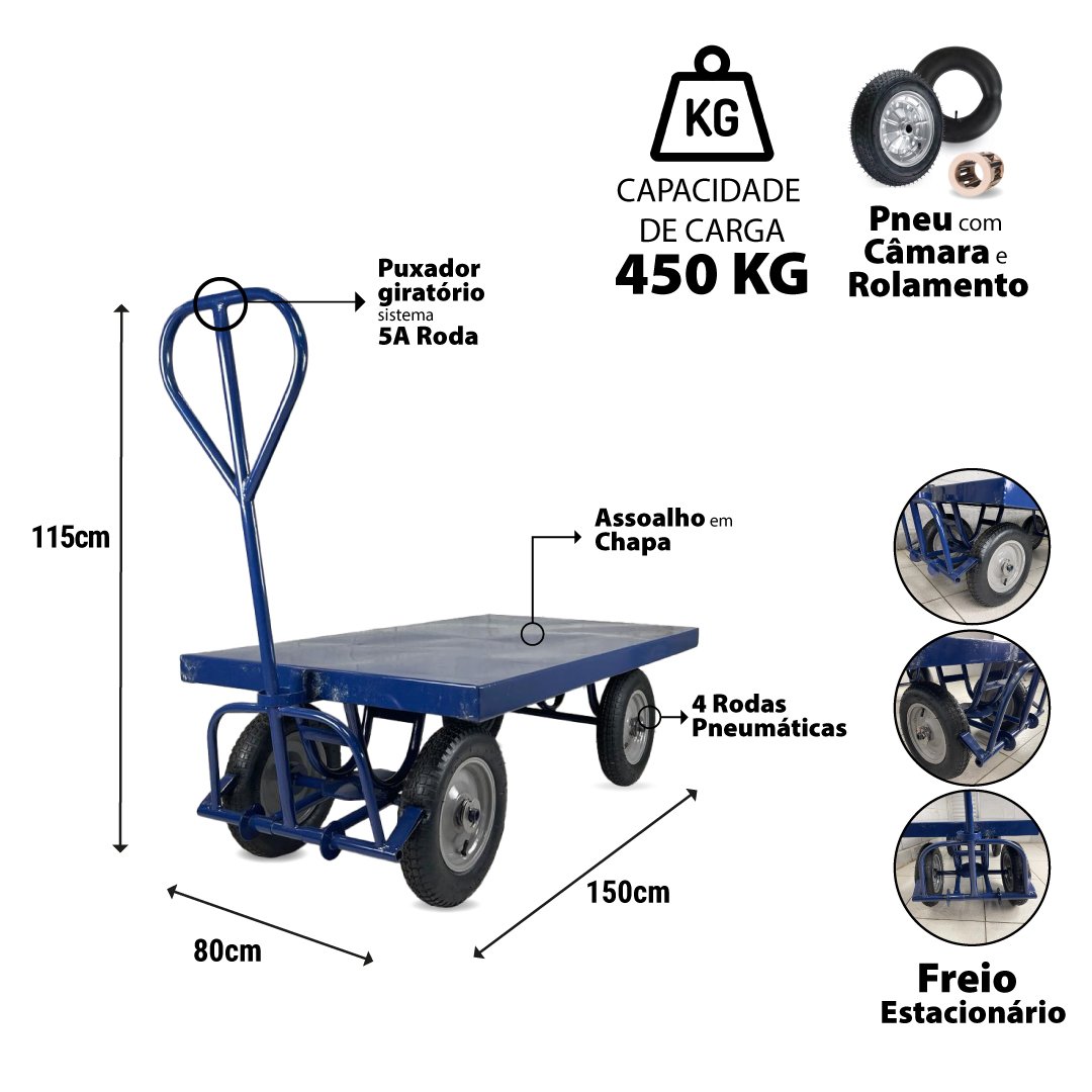 Carro Plataforma com Tampo em Aço 450kg C-128-d - 6