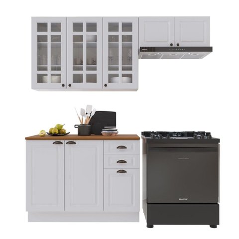 Cozinha Compacta Bariloche 8 Portas 2 Gavetas com Vidro e Tampo 100% MDF Branco - Indékes