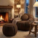 Ver imagem 1 de Poltrona Decorativa Sala Estar Quarto Concha c/Puff Orgânica Boucle Marrom - Vimont Moveis
