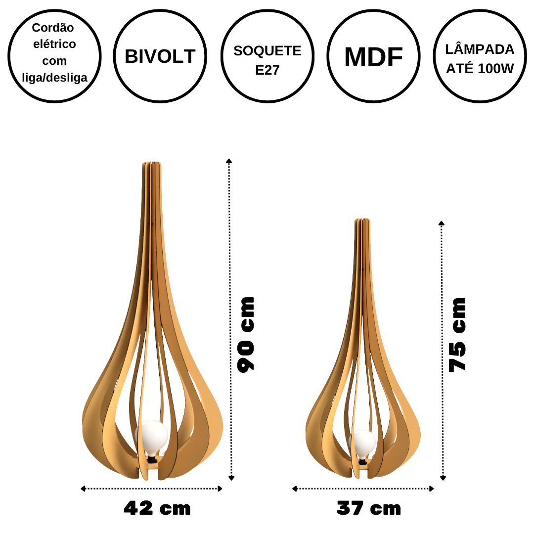 Luminária de Chão MDF IBIZA:Marrom/Kit com 2 - 90x42cm e 75x37cm - 3