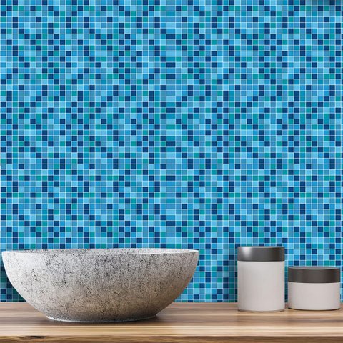 Papel de Parede Adesivo Pastilhas em Tons de Azul Escuro 12m